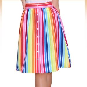 ALLEGRA K Women's Rainbow Striped Button Elastic Waist A-Line Midi Skirt Sz Med
